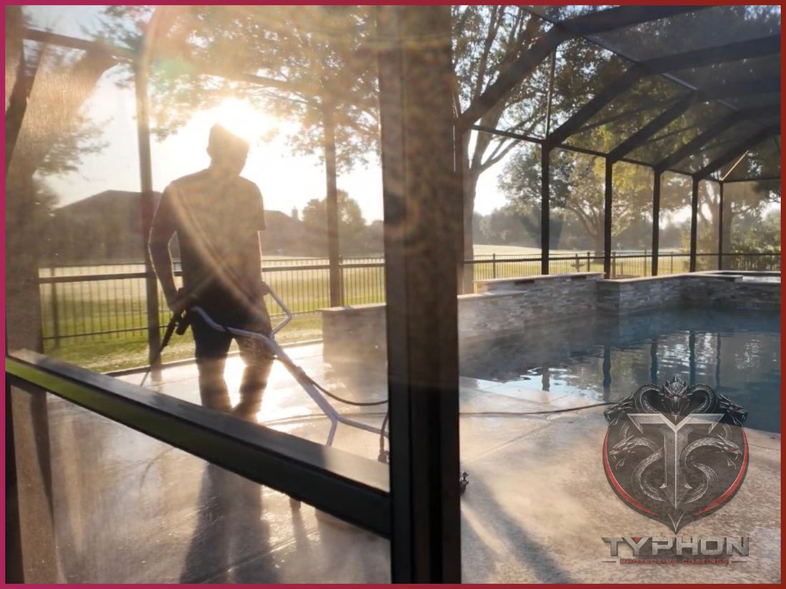 Pool deck surface preparation and pressure washing